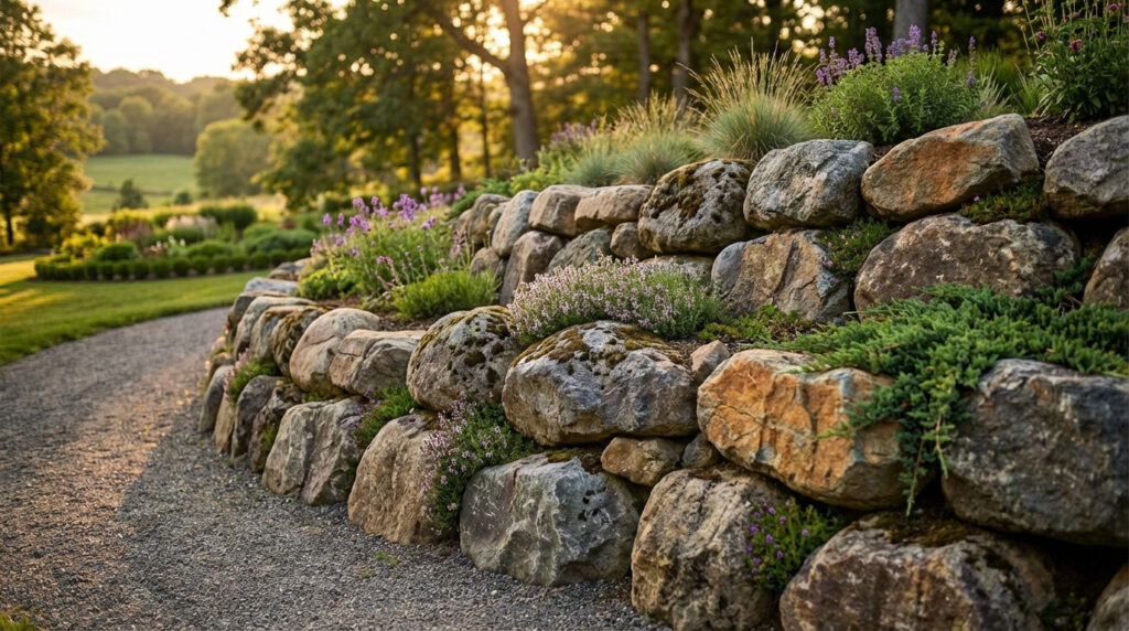 Mur d'enrochement robuste et fleuri bordant un chemin de gravier. Paysage verdoyant et arbres au soleil couchant.