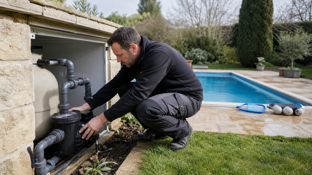 Technicien remettant en route la filtration d’une piscine au printemps