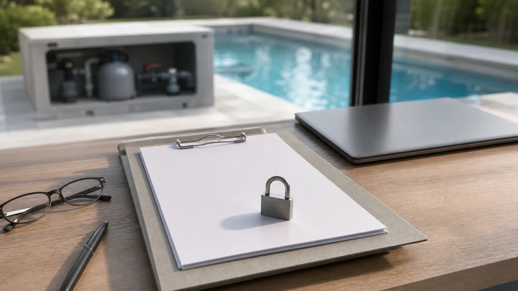Dossier confidentiel et cadenas sur un bureau avec une piscine floue en arrière-plan
