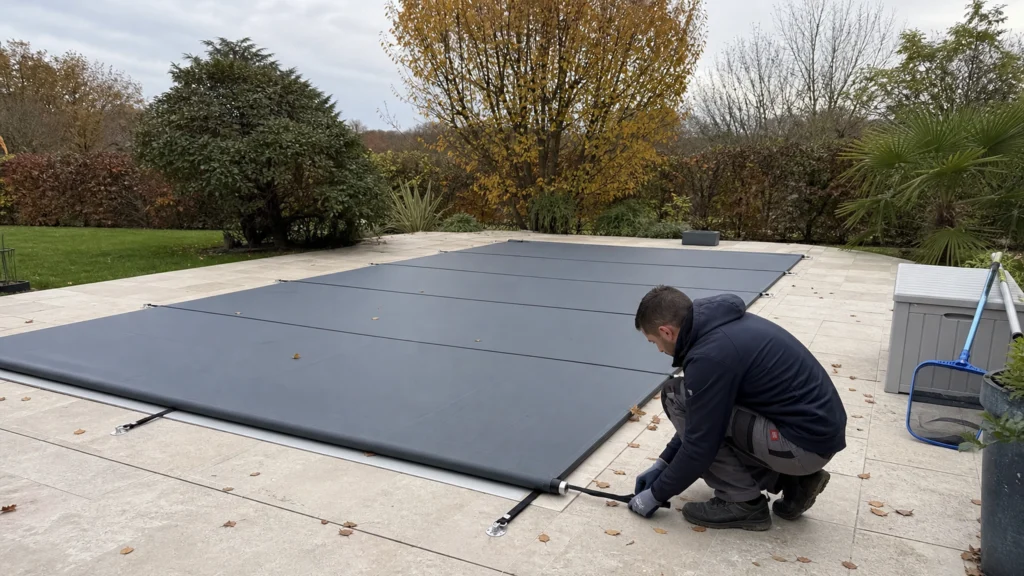 Technicien installant une couverture d’hivernage sur une piscine en automne