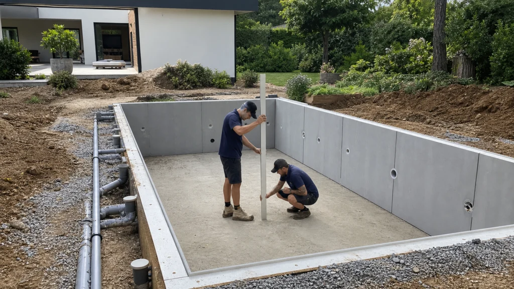 Chantier de construction d’une piscine enterrée avant la mise en eau