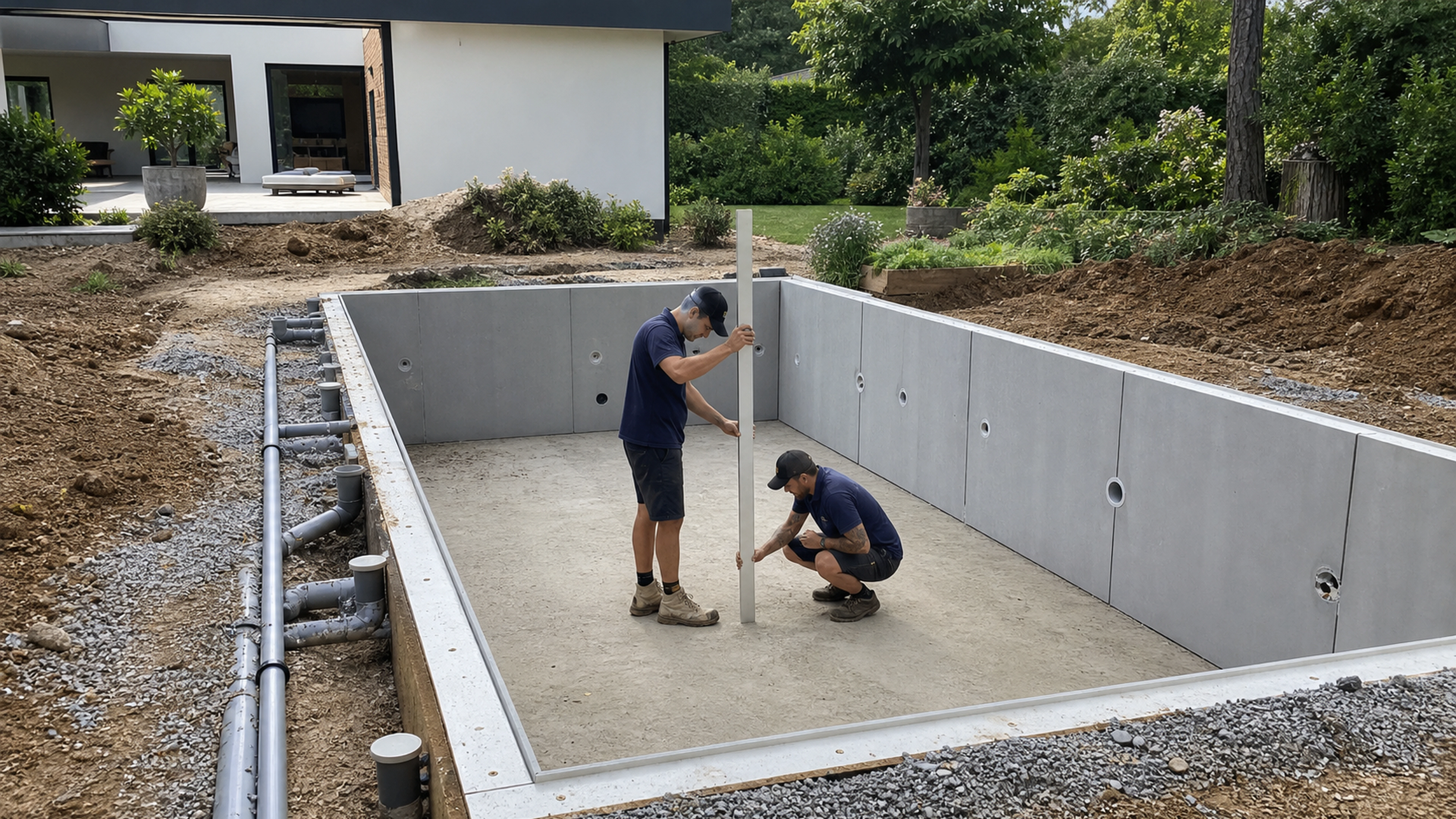 Chantier de construction d’une piscine enterrée avant la mise en eau