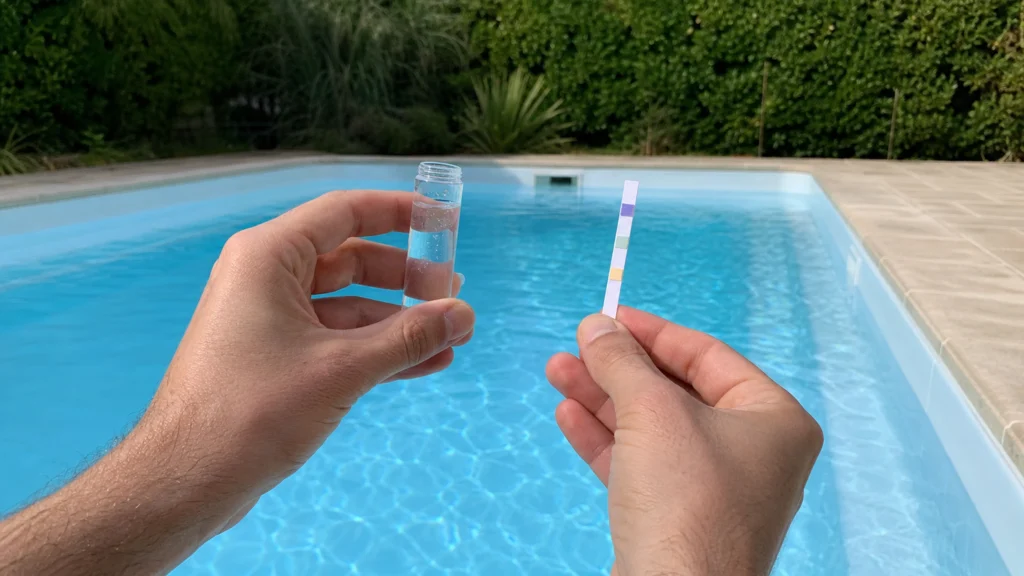 Contrôle de la qualité d’une eau de piscine claire avec une bandelette d’analyse