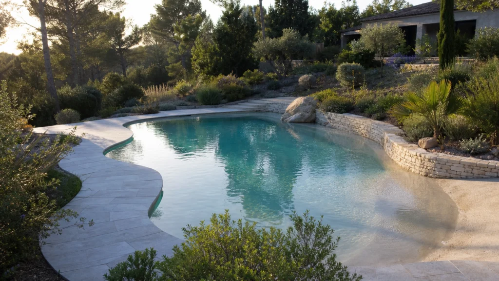 Piscine de forme libre intégrée dans un jardin légèrement en pente