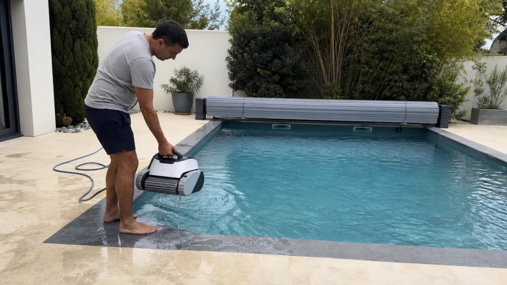 Robot nettoyeur et volet de sécurité au bord d’une piscine résidentielle