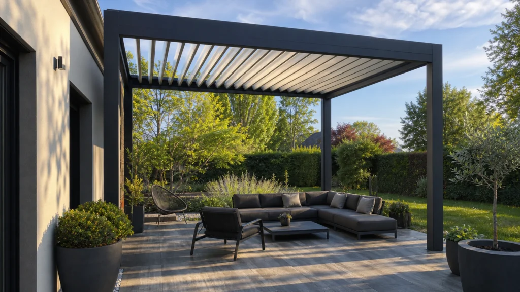 Pergola bioclimatique à lames orientables sur une terrasse aménagée