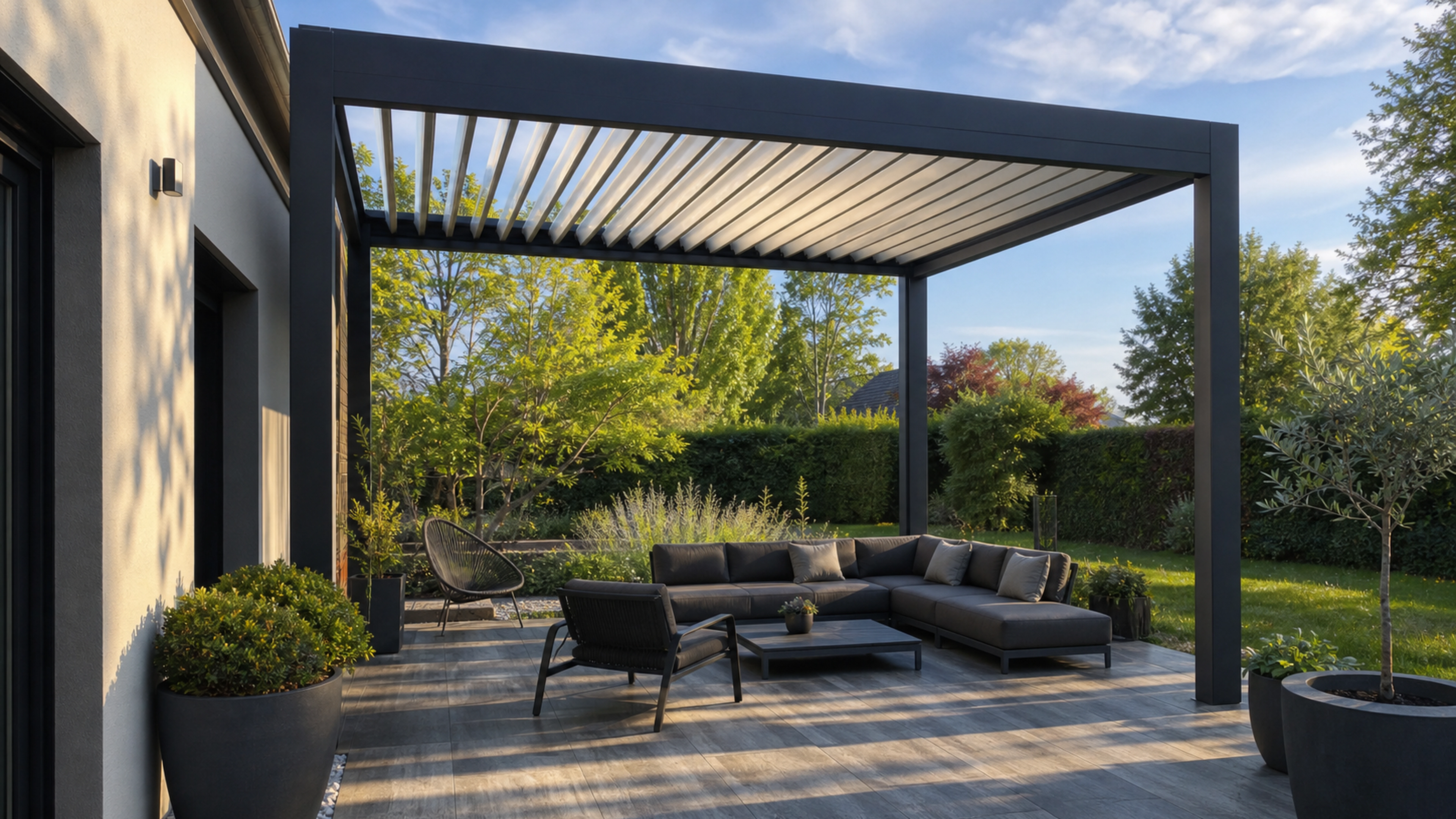 Pergola bioclimatique à lames orientables sur une terrasse aménagée