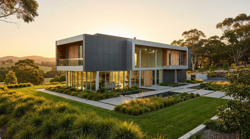 Maison moderne en métal et verre, façades grises et bois, grandes fenêtres, sur terrain verdoyant au coucher du soleil.