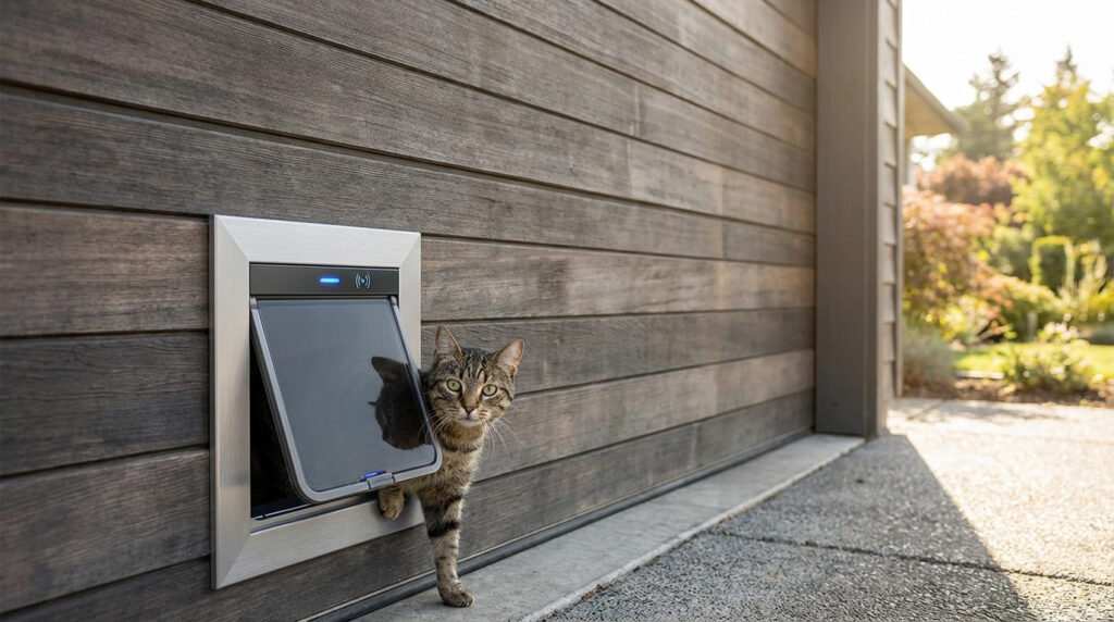 Un chat tabby sort d'une chatière électronique installée dans une porte de garage en bois foncé. Jardin flou en arrière-plan.