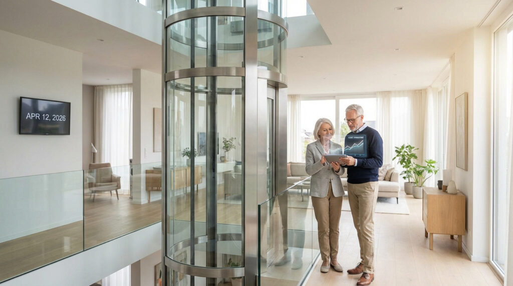 Couple âgé devant un ascenseur de maison en verre, consultant des données financières sur une tablette en 2026.