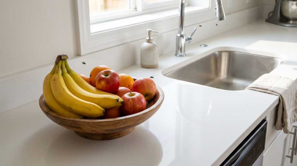 Des mouches volent autour d'une coupe de fruits (bananes, pommes, oranges) sur un comptoir de cuisine près d'un évier.