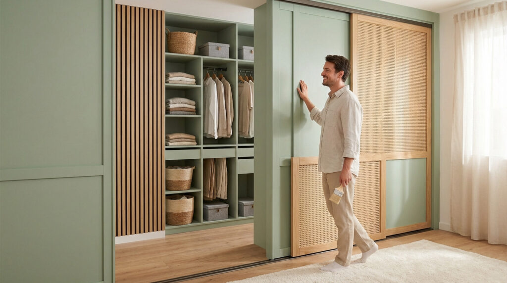 Homme souriant avec pinceau devant un placard vert clair moderne, portes coulissantes cannées et intérieur organisé.
