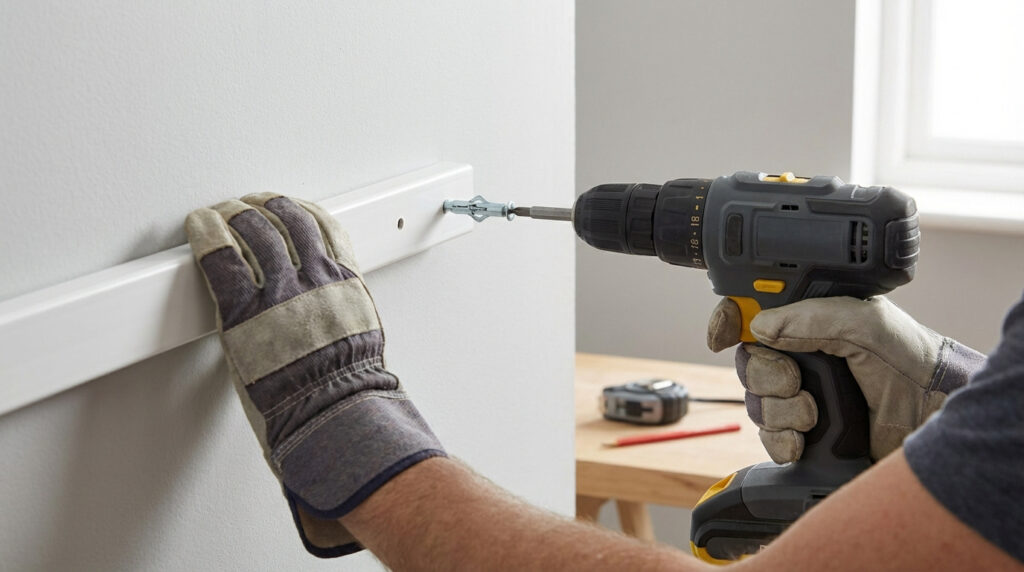 Personne gantée fixant une goulotte blanche sur un mur en placo avec une perceuse-visseuse et une cheville Molly.