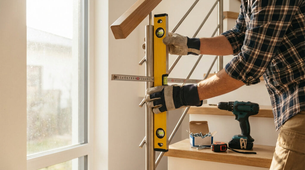 Gros plan sur des mains gantées utilisant un niveau et un mètre pour installer une rampe d'escalier moderne en inox et bois.