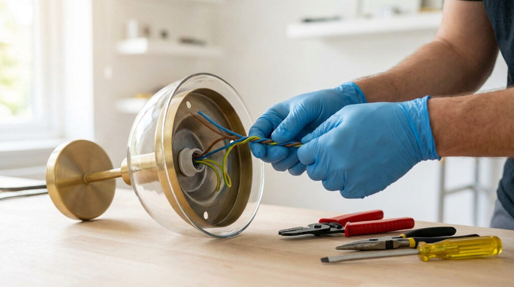 Mains gantées de bleu raccordant des fils électriques colorés à un lustre en laiton, avec des outils sur une table en bois.