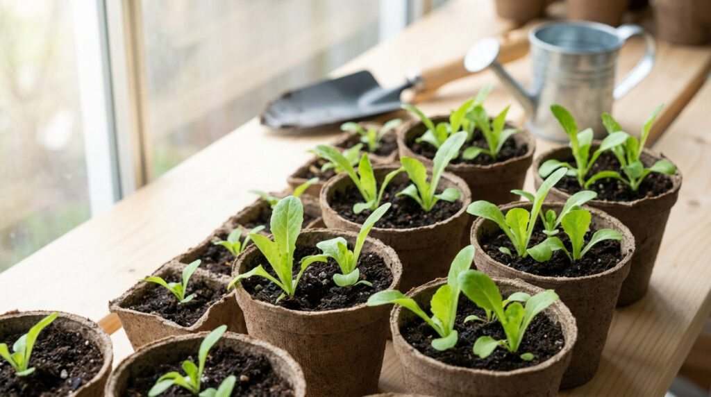De jeunes plants de laitue romaine poussent dans des godets biodégradables sur un rebord de fenêtre, avec des outils de jardinage flous en arrière-plan.