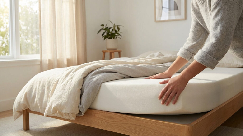 Deux mains pressent un matelas en mousse à mémoire sur un lit en bois clair, montrant sa texture douce et son adaptabilité.
