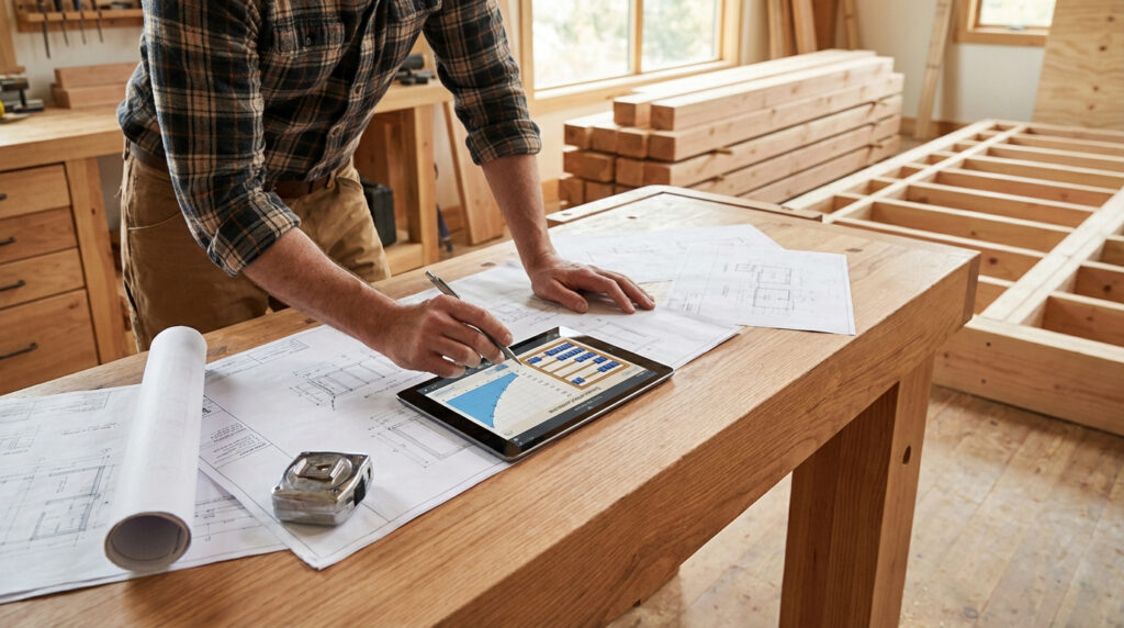Un homme utilise une tablette avec un abaque numérique pour calculer des poutres bois, entouré de plans et de bois de construction.