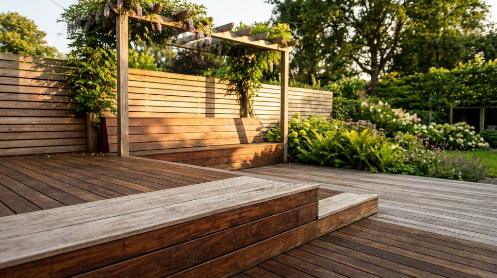 Terrasse et banc intégré en bois résistant, avec pergola à glycine, clôture en lattes de bois et jardin verdoyant.