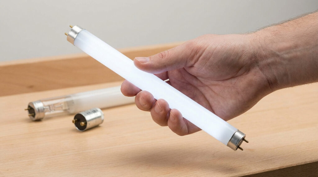 Une main tient un tube lumineux LED blanc. En arrière-plan, un ancien tube fluorescent et un starter reposent sur une table en bois.
