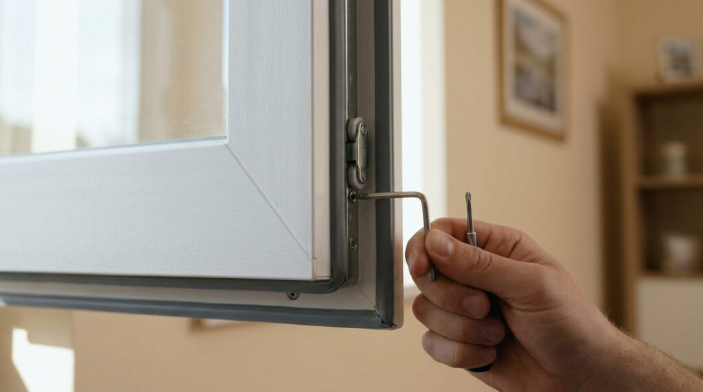 Une main utilisant une clé Allen pour ajuster le mécanisme de verrouillage métallique sur le cadre d'une fenêtre en PVC.