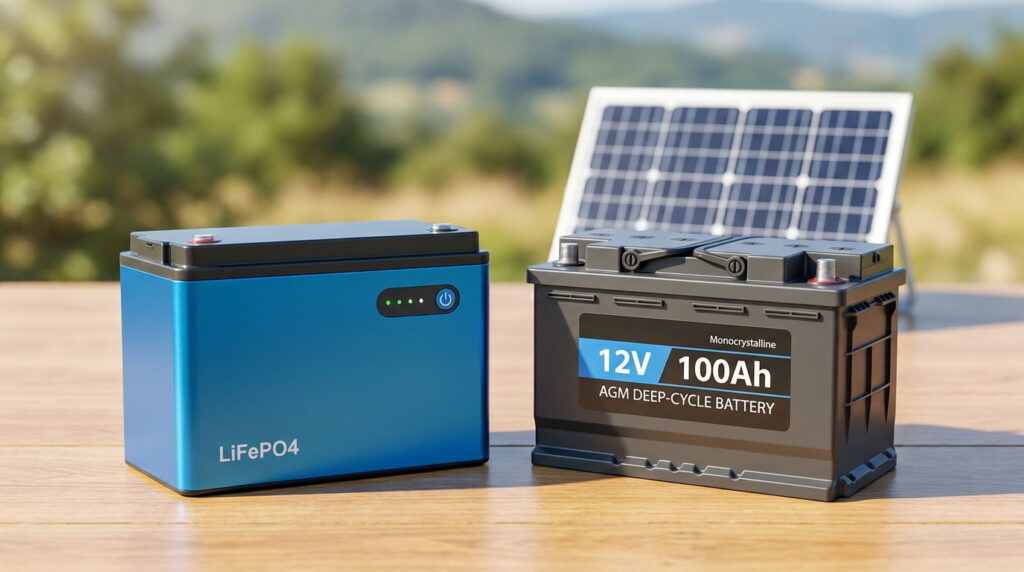 Deux batteries solaires (LiFePO4 bleue, AGM 12V 100Ah grise) avec panneau solaire en arrière-plan, sur table en bois.