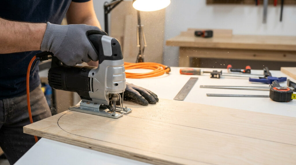 Une personne gantée utilise une scie sauteuse pour découper une planche de bois le long d'une ligne courbe dans un atelier lumineux.