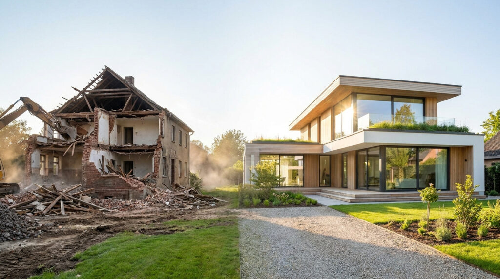 Image avant/après. À gauche, une ancienne maison en démolition par un engin. À droite, une maison moderne neuve avec toits verts.