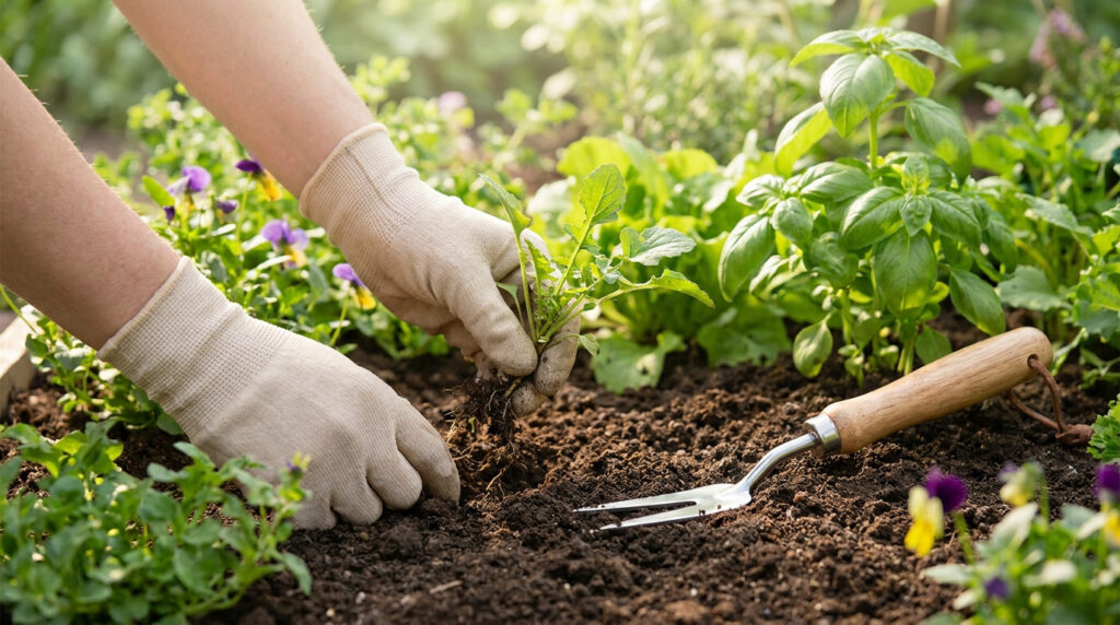 Mains avec gants de jardinage arrachant une mauvaise herbe dans un potager ensoleillé.