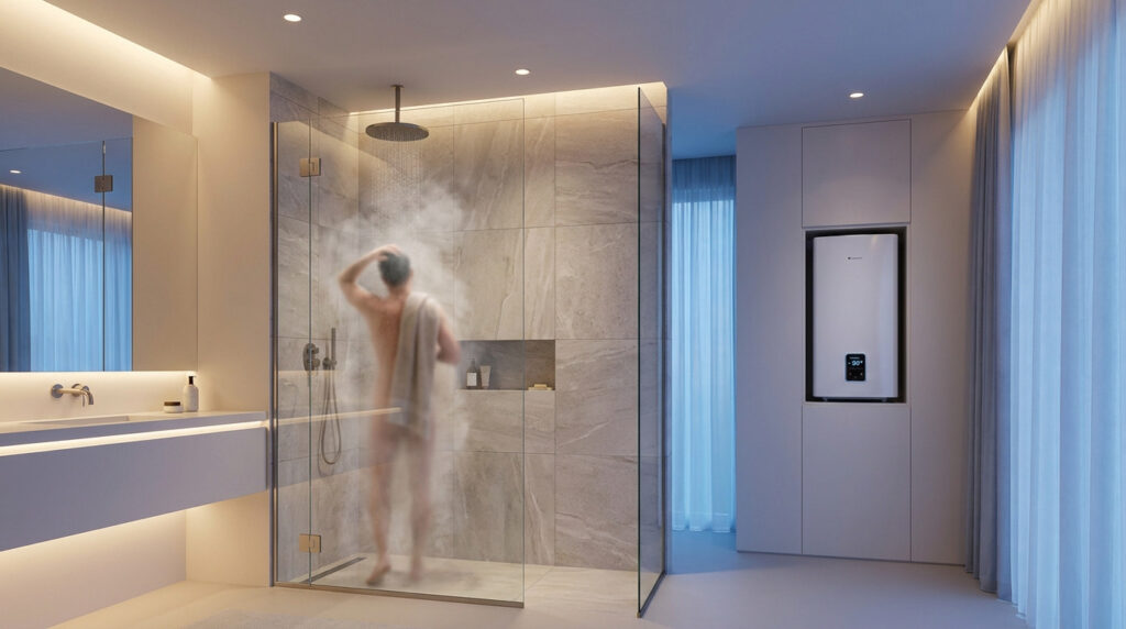 Personne prenant une douche chaude dans une salle de bain moderne avec un chauffe-eau mural visible.