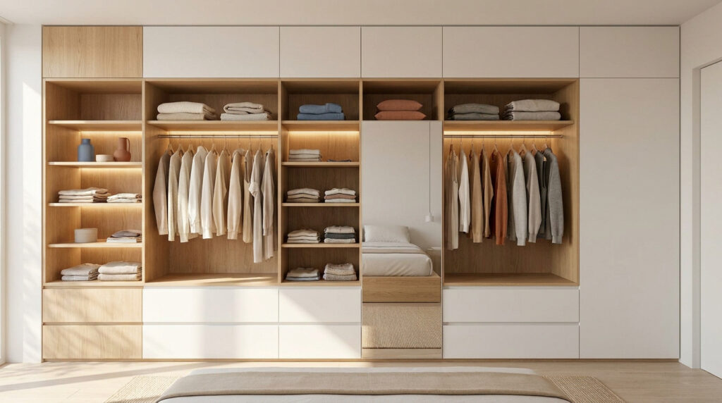 Dressing sur mesure avec étagères en bois et façades blanches intégrant une niche miroir au-dessus d'un lit.