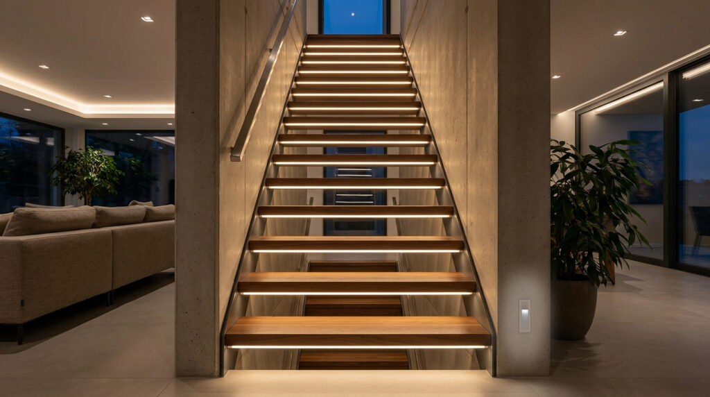 Escalier en bois avec des bandes lumineuses LED intégrées sous chaque marche dans un intérieur contemporain.