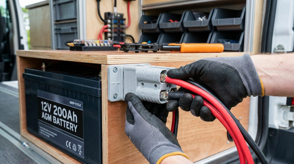 Gants connectant câbles rouge/noir à un coupleur Anderson fixé à un panneau en bois, à côté d'une batterie auxiliaire 12V 200Ah.