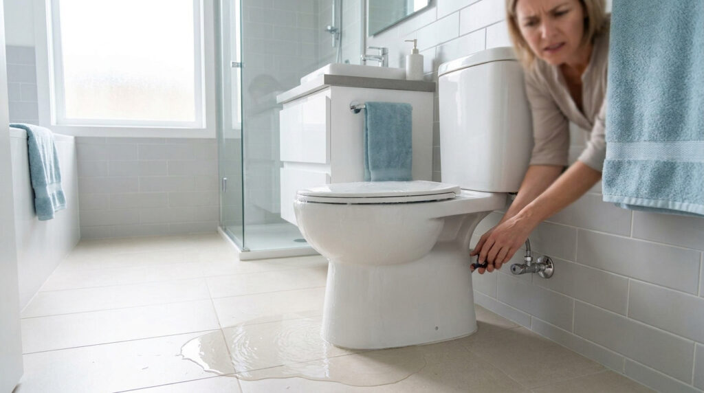 Une femme paniquée coupe l'arrivée d'eau alors que ses toilettes débordent sur le sol de sa salle de bain.