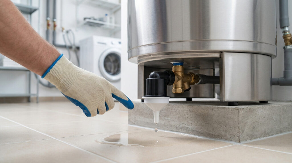 Une main gantée pointe un siphon de chauffe-eau qui goutte sur un carrelage, créant une flaque d'eau. Un lave-linge est en arrière-plan.