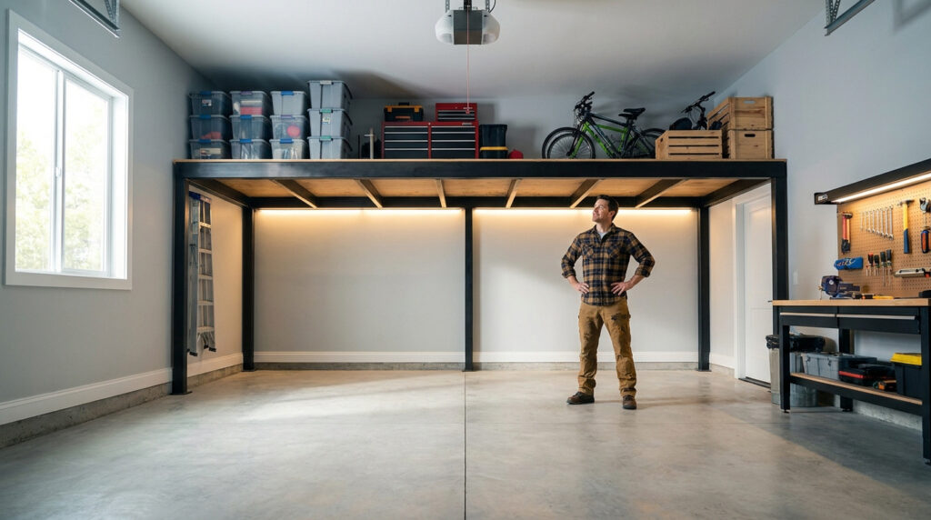 Un homme fier regarde la mezzanine de rangement installée au-dessus de son garage organisé.