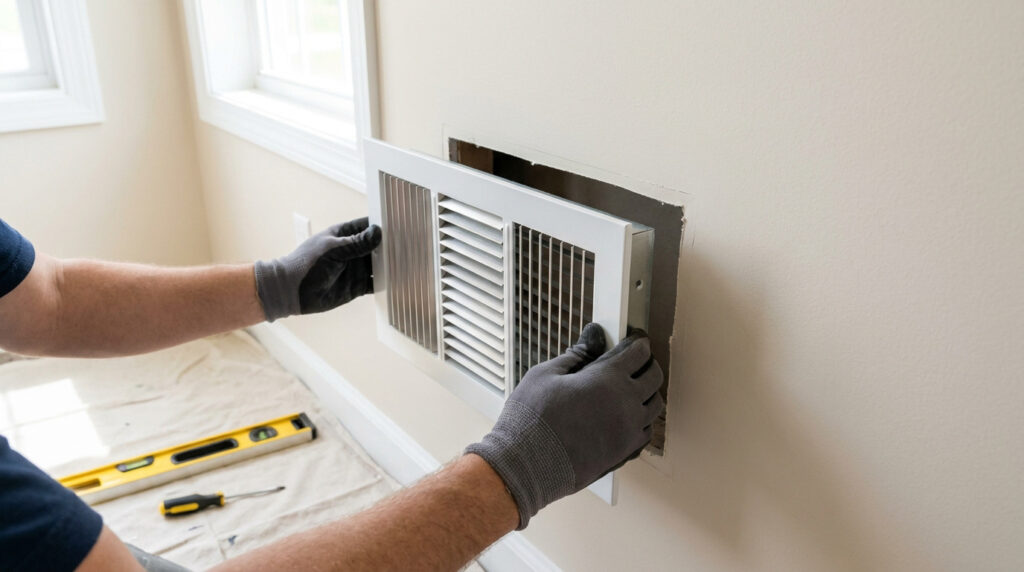 Mains gantées installant une grille d'aération blanche dans un mur. Un niveau et un tournevis sont visibles au sol.