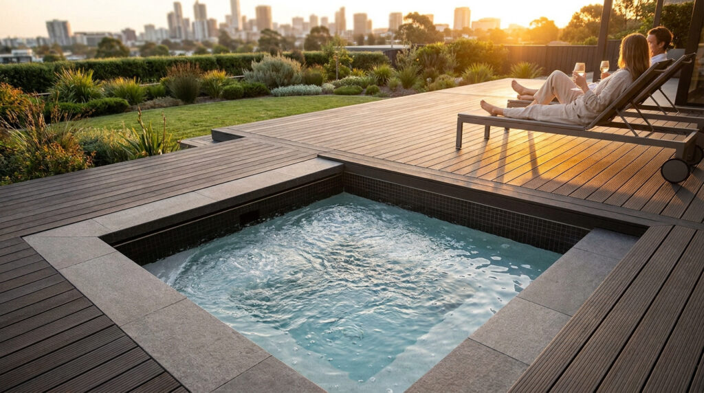 Couple se relaxant au coucher du soleil sur une terrasse en bois équipée d'un jacuzzi intégré face à une ville.
