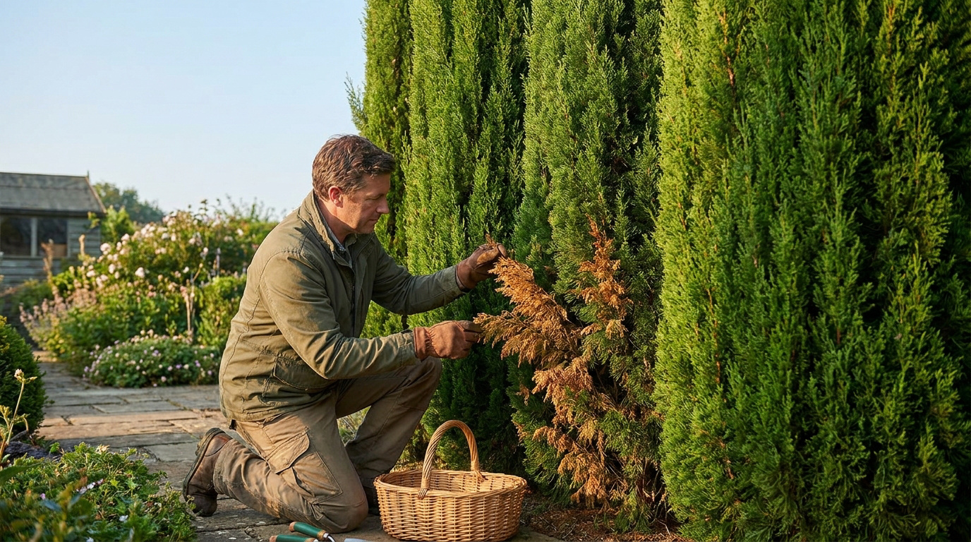 Un jardinier inspecte une zone desséchée et brune sur une haie de cyprès dans un jardin ensoleillé.