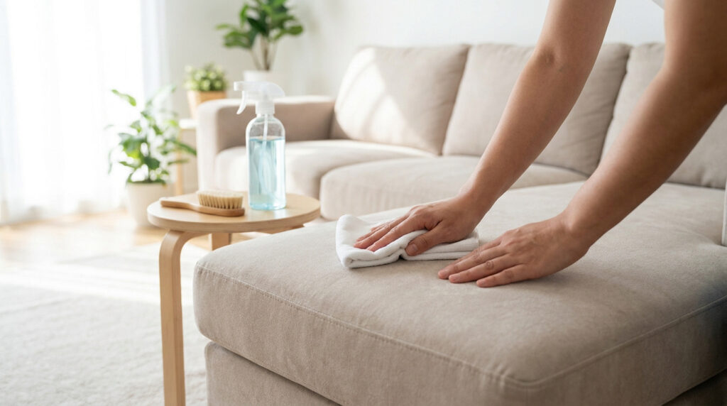 Une personne nettoie délicatement un canapé en tissu beige avec un chiffon blanc dans un salon lumineux.
