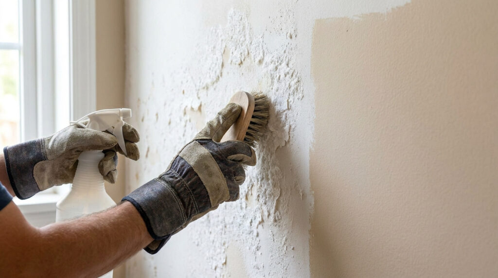 Une personne porte des gants et utilise une brosse et un pulvérisateur pour nettoyer du salpêtre sur un mur.