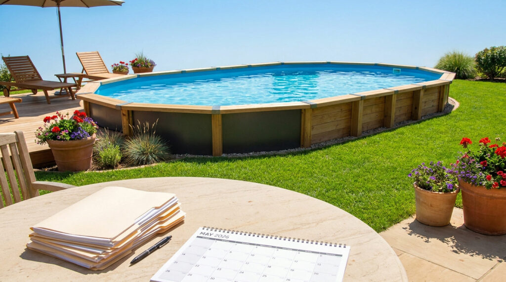 Vue d'une piscine hors sol en bois dans un jardin ensoleillé, avec des dossiers et un calendrier sur une table en premier plan.