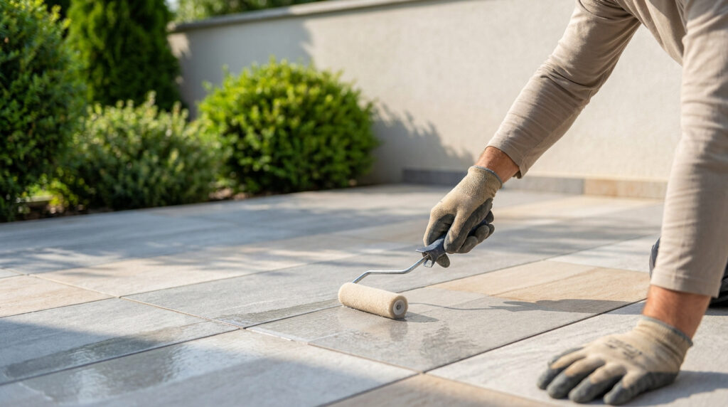 Une personne portant des gants applique un produit d'étanchéité liquide sur une terrasse carrelée avec un rouleau.