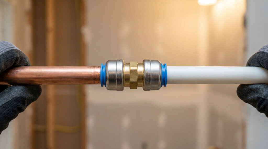 Deux mains gantées tiennent un tuyau en cuivre et un tuyau blanc connectés par un raccord automatique de plomberie.