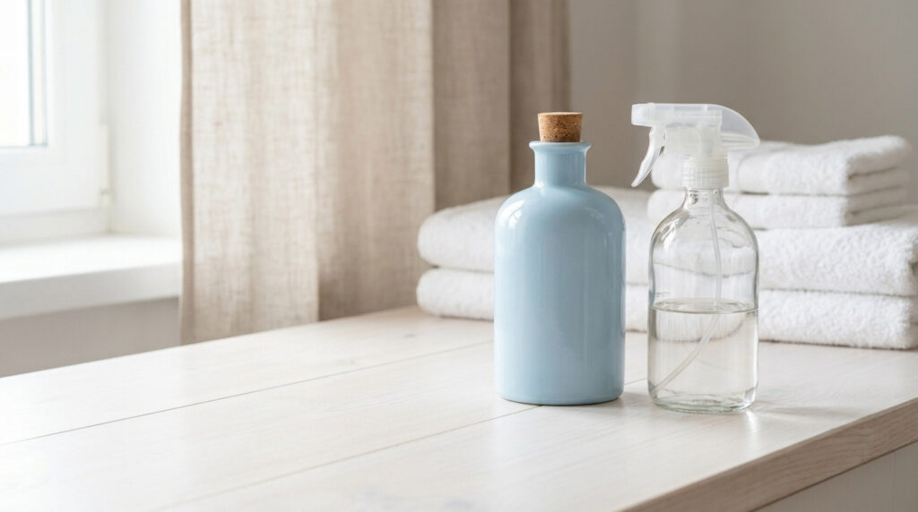 Une bouteille bleue et un vaporisateur en verre posés sur une table devant des serviettes blanches pliées.