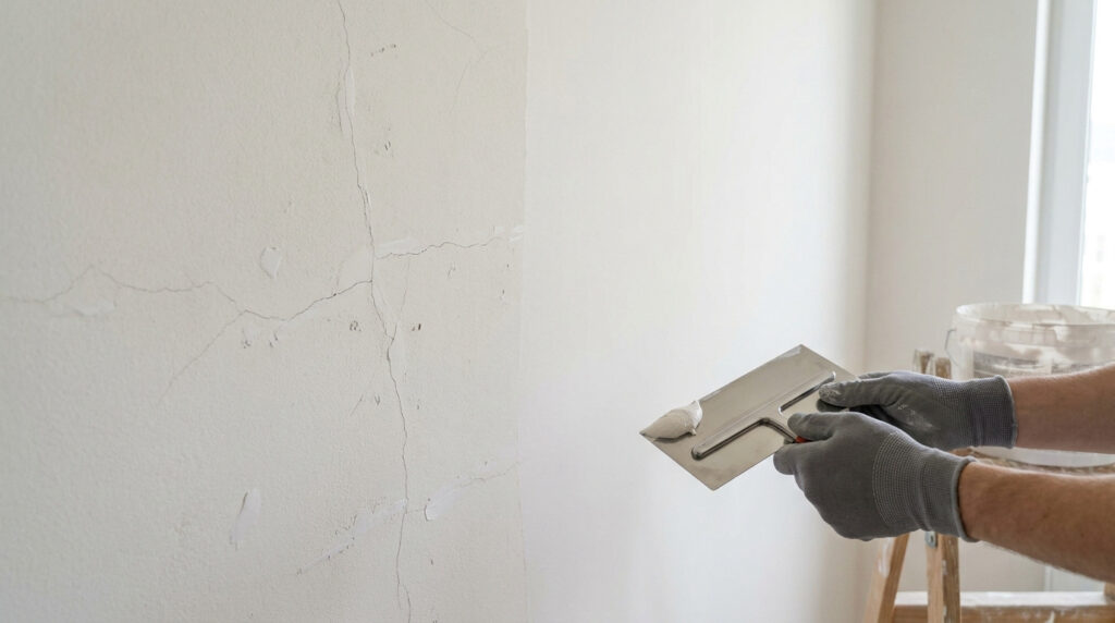 Gros plan sur des mains gantées utilisant une spatule pour appliquer de l'enduit sur un mur fissuré.