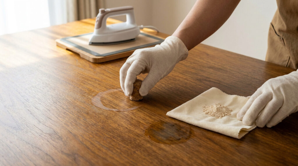 Une personne portant des gants blancs nettoie une tache sur une table en bois avec un bouchon en liège et une poudre.