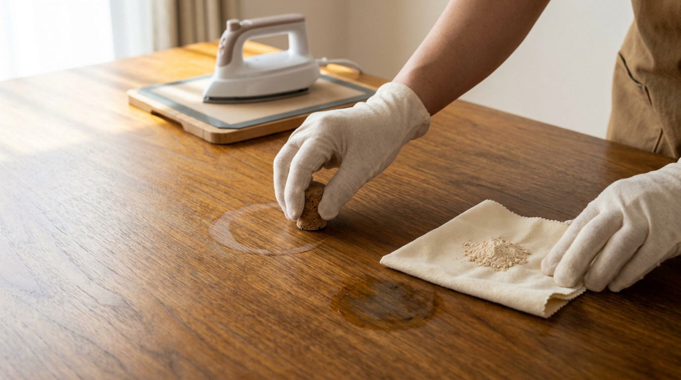 Une personne portant des gants blancs nettoie une tache sur une table en bois avec un bouchon en liège et une poudre.