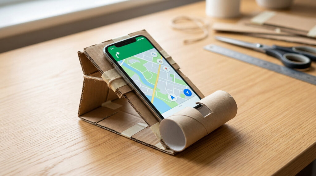 Un smartphone posé sur un support artisanal fabriqué à partir de carton et d'un rouleau de papier toilette.