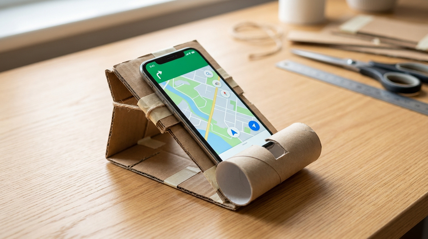 Un smartphone posé sur un support artisanal fabriqué à partir de carton et d'un rouleau de papier toilette.